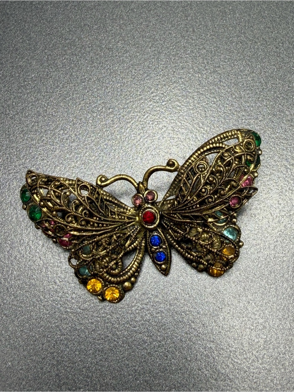 Vintage Czech  Gold Butterfly Brooch with Multicolor Gem Accents #cz06